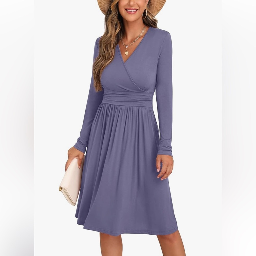 🆕GRECERELLE XXL & M Casual Long Sleeve Faux Wrap V-Neck Dress in Purple-Gray